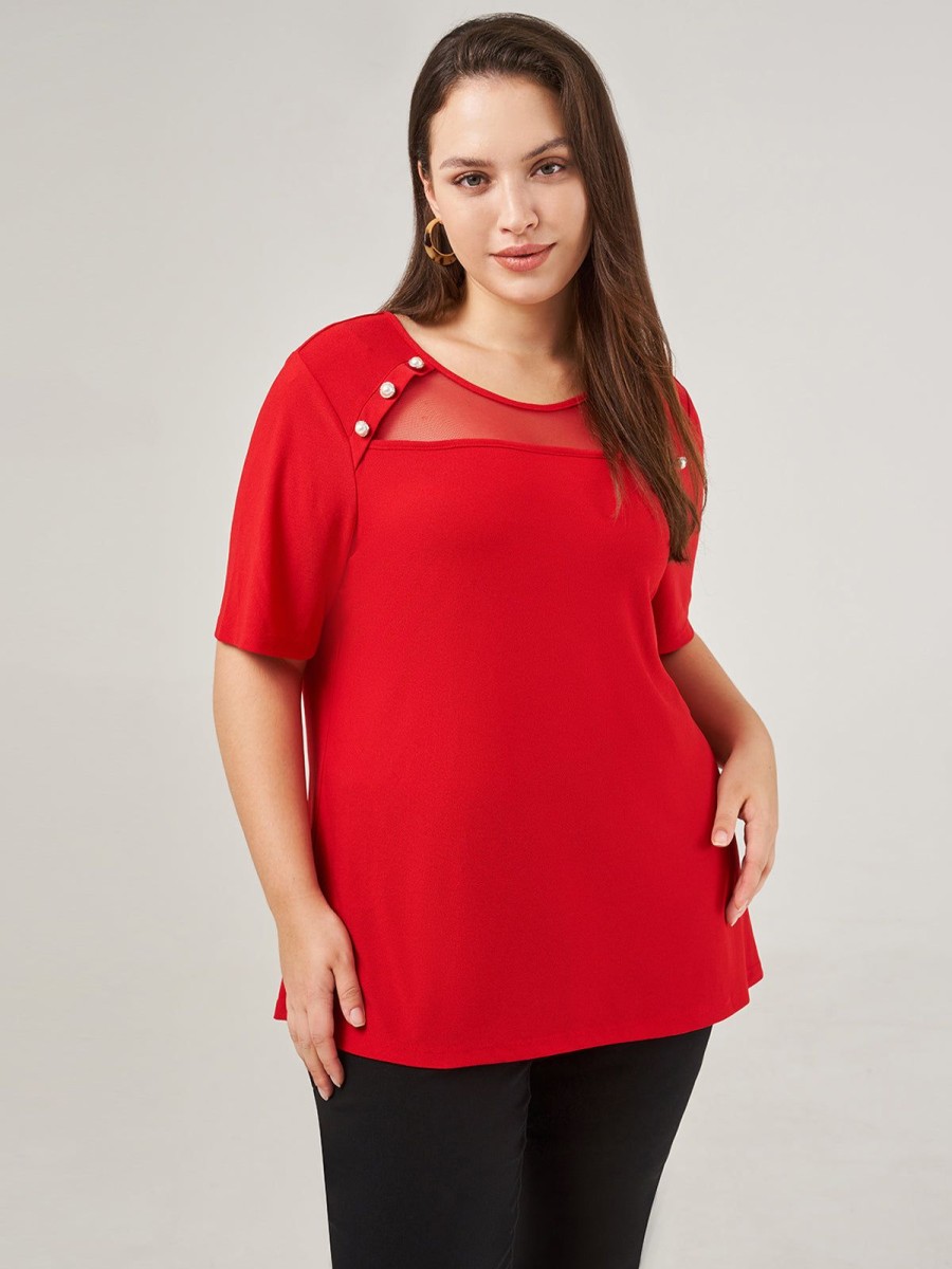 Women 89th + Madison | Mesh Inset Pearl Button Top