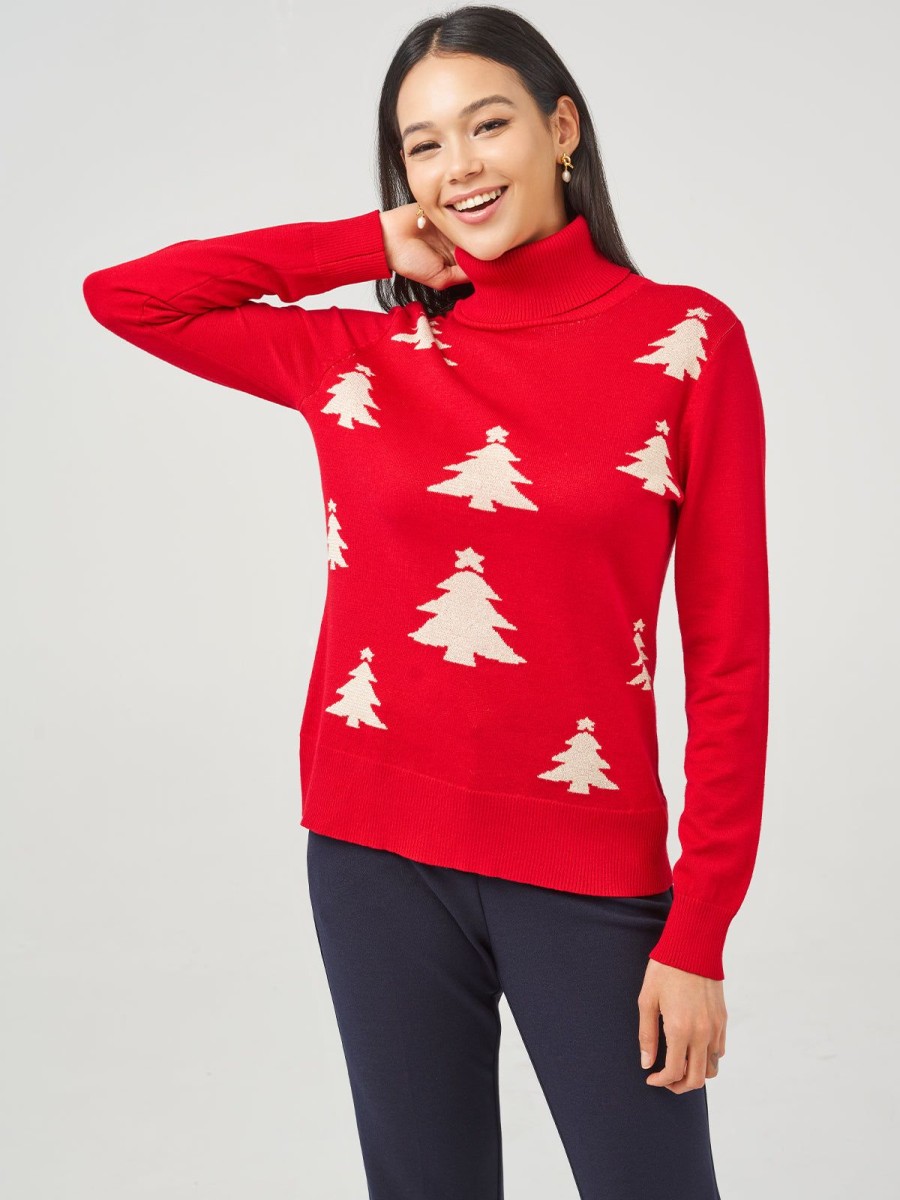 Women 89th + Madison | Christmas Tree Jacquard Turtleneck Pullover Raching Red/Cloud Dancer