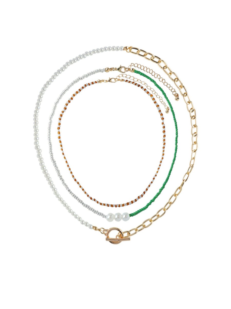 Accessories Daily Thread | Colorful Beaded And Link Chain Layering Necklace Set Gold