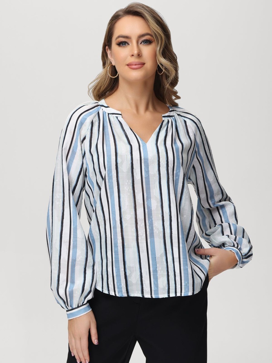 Women 89th + Madison | Stripe Notch Neck Blouse Stroke Stripes Blue