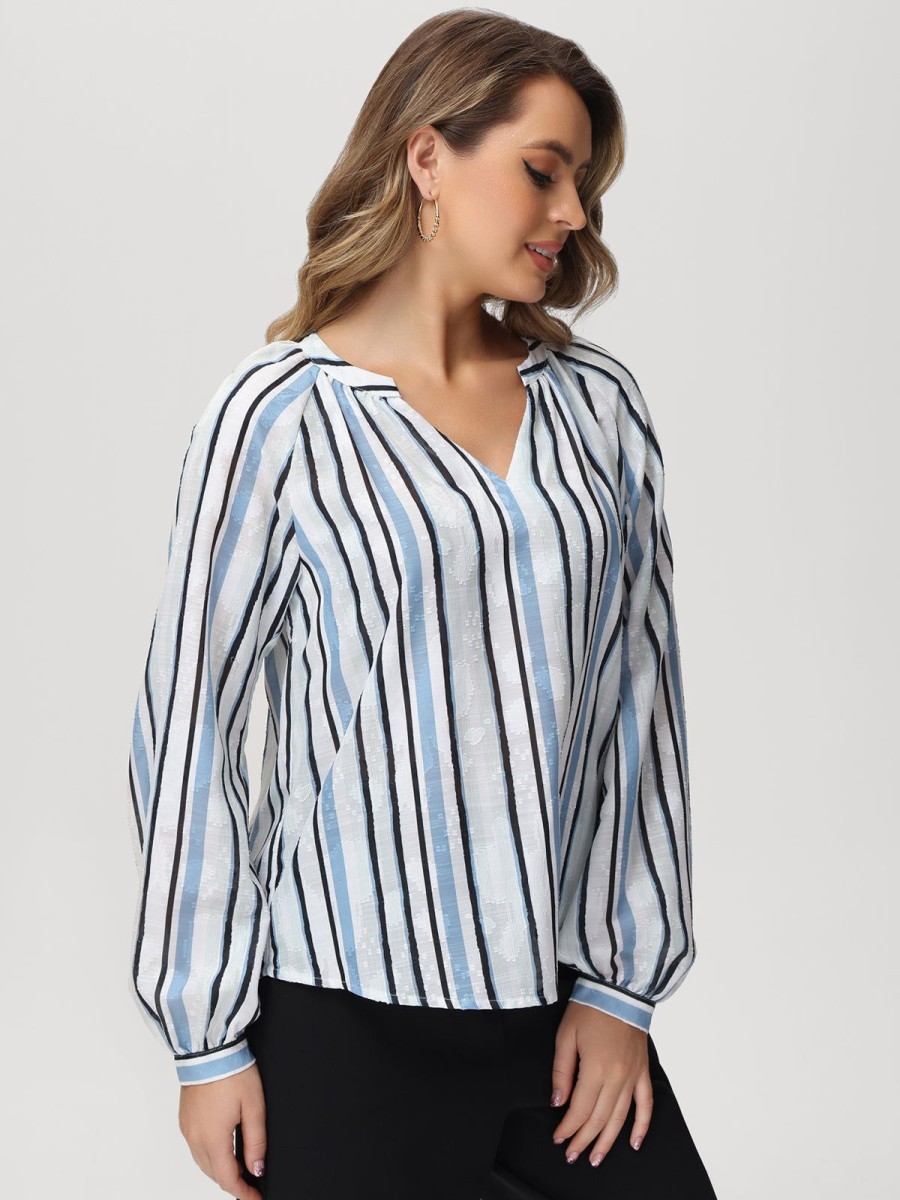 Women 89th + Madison | Stripe Notch Neck Blouse Stroke Stripes Blue