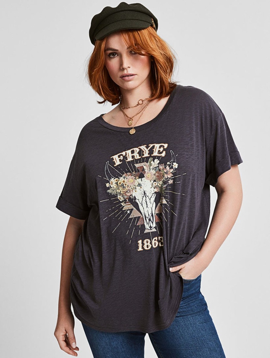 Women Frye | Floral Steer Rolled Cuff Tee Stone Grey