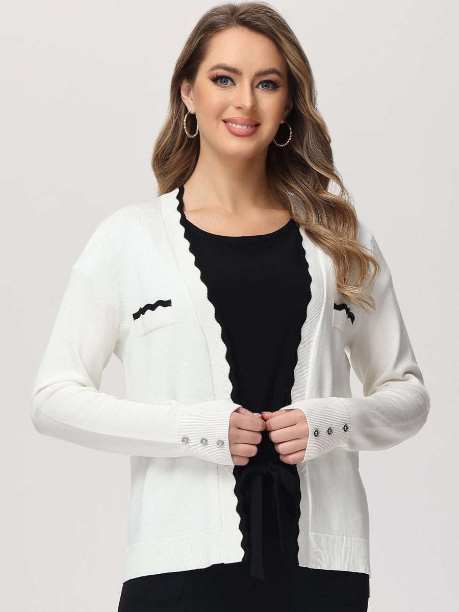 Women 89th + Madison | Tipped Scallop Trim Cardigan Egret Combo