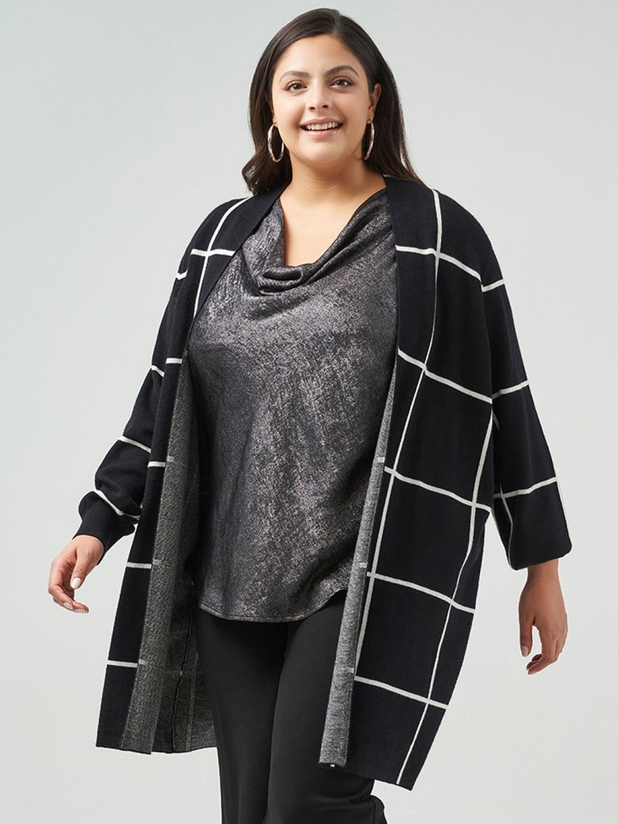 Women 89th + Madison | Plaid Open Cardigan Black/Cloud Dancer Combo